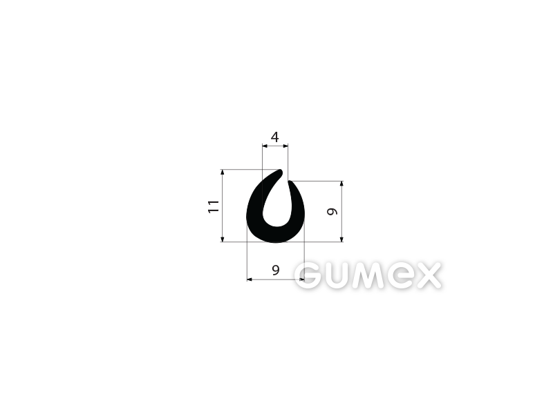 "U" Gummiprofil, 11x9/4mm, 2-Ströme, 70°ShA, EPDM, -40°C/+100°C, schwarz, 